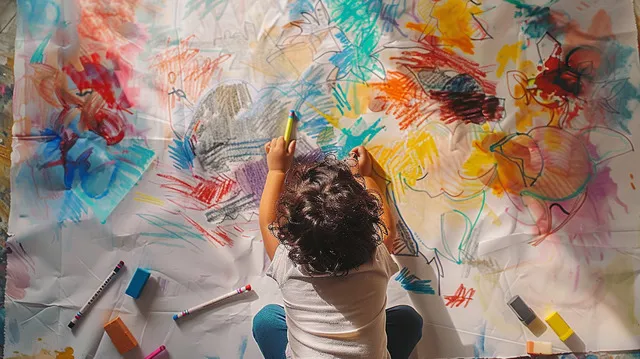 A child coloring on a giant poster