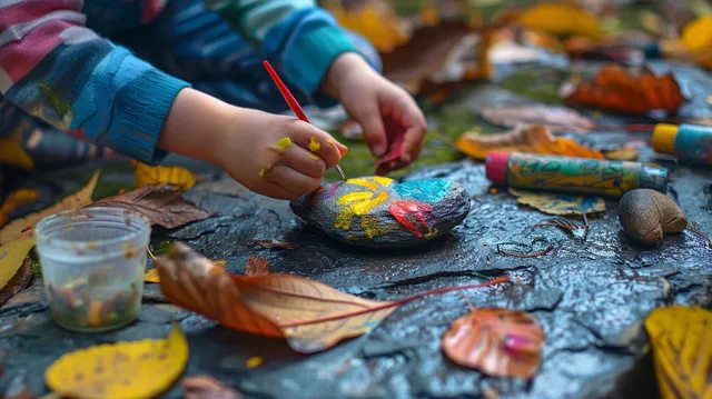 A child painting a rock outdoor