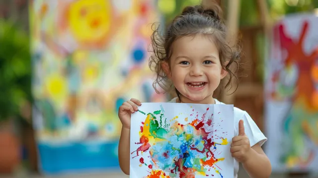 A child proudly displaying their colorful artwork