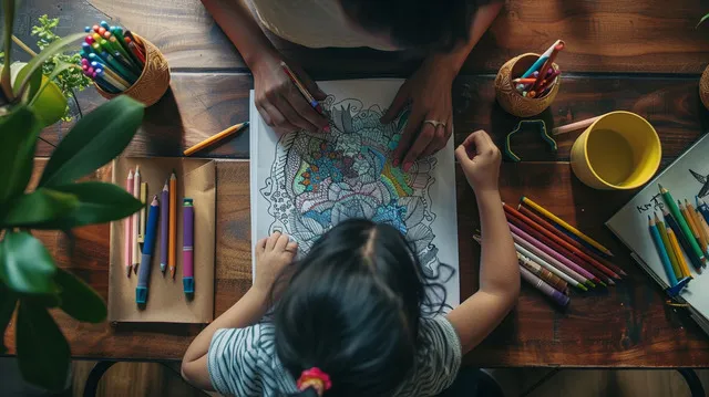 A parent and child bonding over coloring