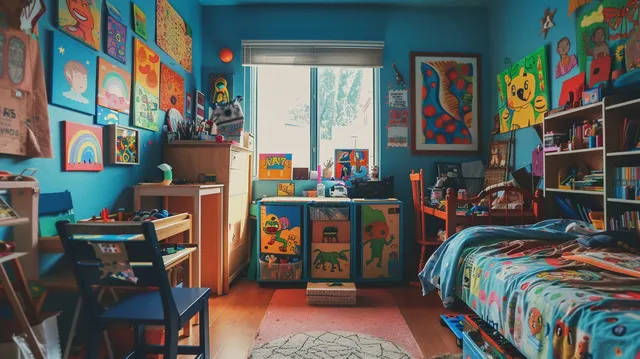 Child’s bedroom filled with colorful artwork