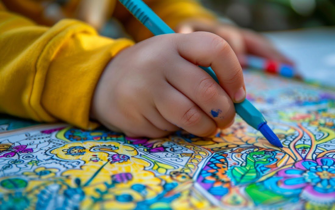Child’s hand using a crayon to color a detailed picture, promoting fine motor skills and creativity